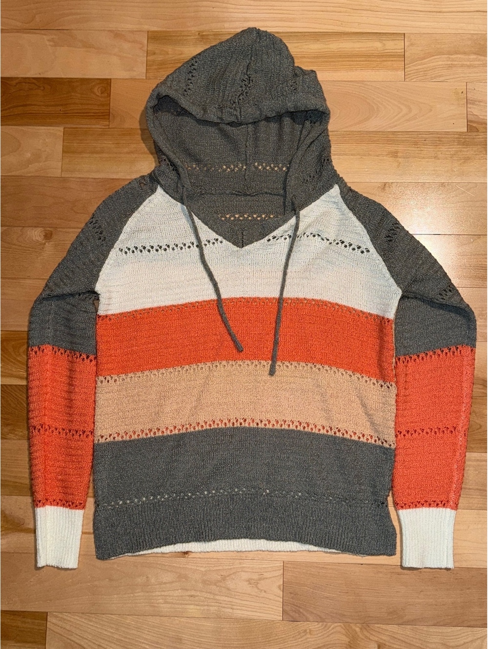 Women's Colorblock Hooded Sweater Knit Pullover in Gray, Orange, Beige, andWhite